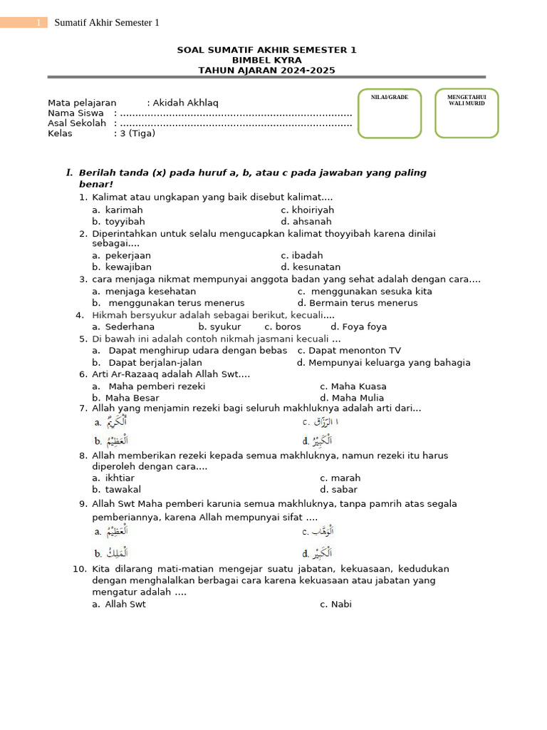 Soal Sumatif Akhir Semester 1 Akidah Akhlaq Kelas 3 PDF