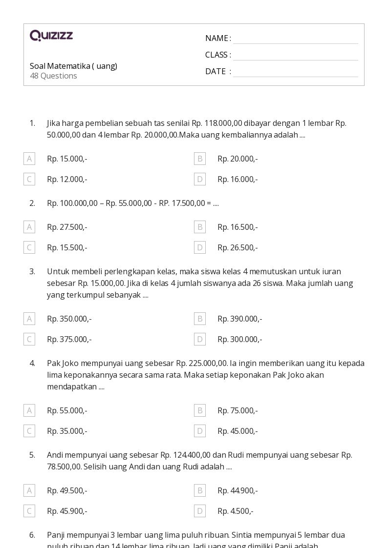 50 lembar kerja Matematika Uang untuk Kelas 1 di Quizizz Gratis