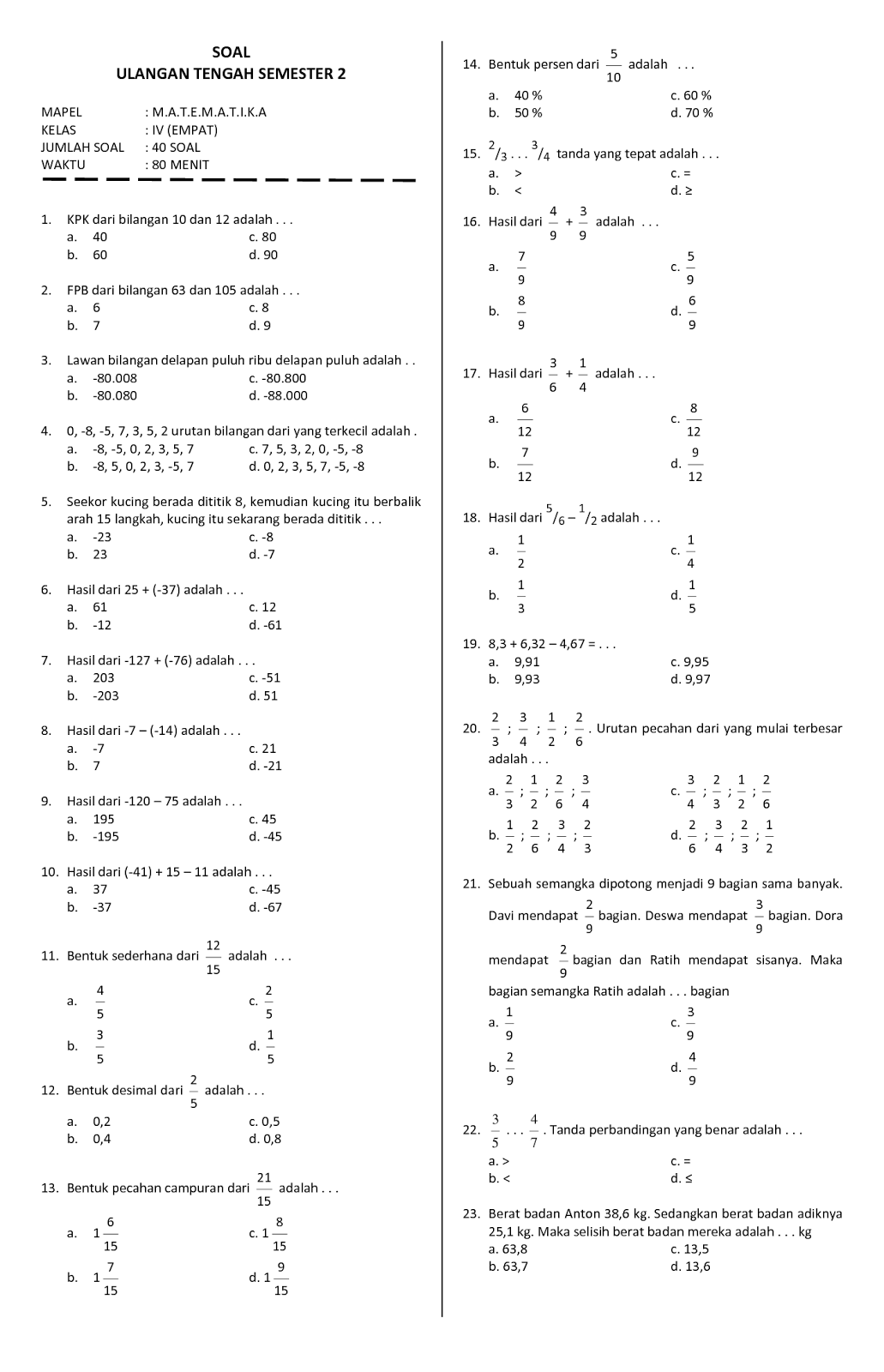 7 Rahasia Nilai Sempurna Saat Anda Download Soal Matematika Kelas 4 Semester 1 Terbaru