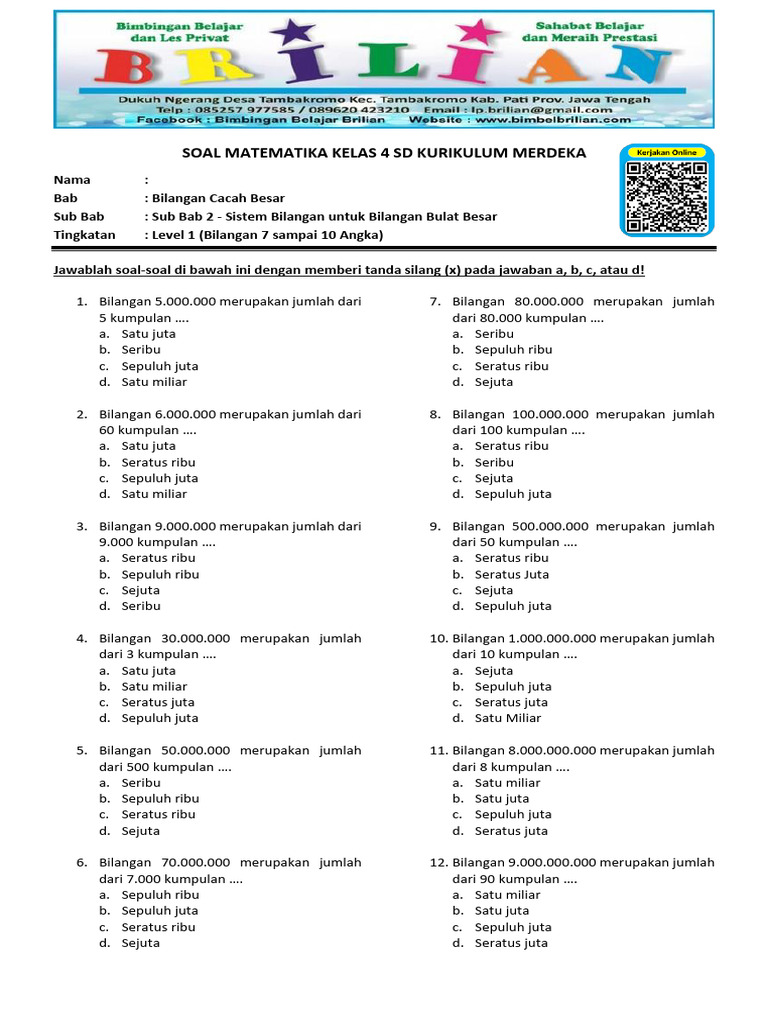 soal bilangan cacah besar kelas 4