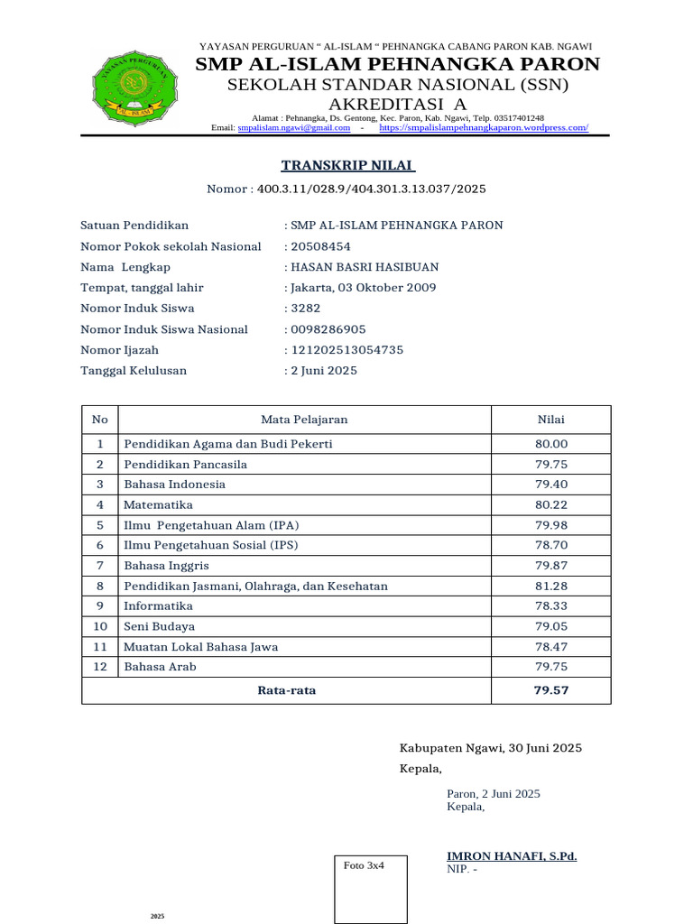 Transkrip Nilai SMP Al-Islam 2025 PDF