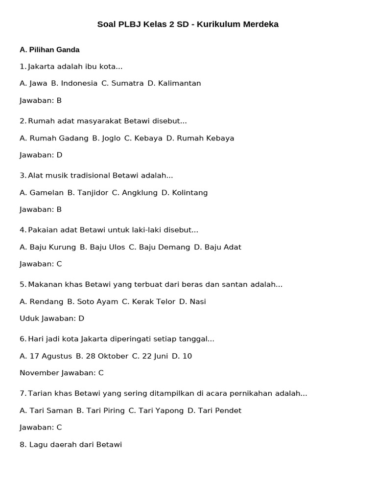 Soal PLBJ Kelas 2 Budaya Betawi PDF Soal PLBJ Kelas 2 Budaya Betawi PDF