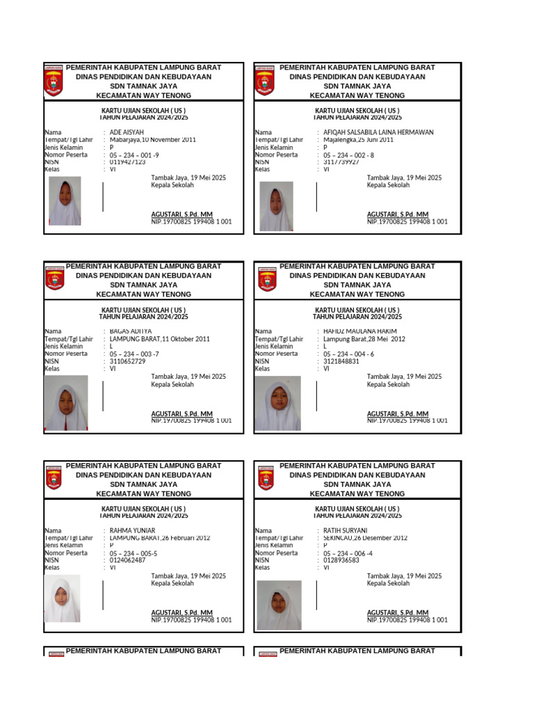 Kartu Ujian Sekolah SDN Tamnak Jaya 2025 PDF