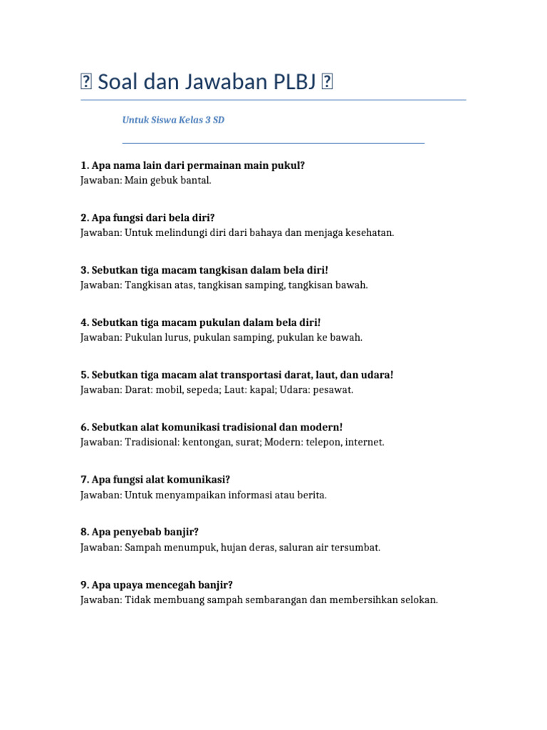 Soal dan Jawaban PLBJ Kelas 3 SD PDF Soal dan Jawaban PLBJ Kelas 3 SD PDF
