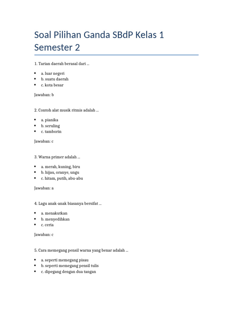 Soal SBdP Kelas 1 Semester 2 PDF Soal SBdP Kelas 1 Semester 2 PDF
