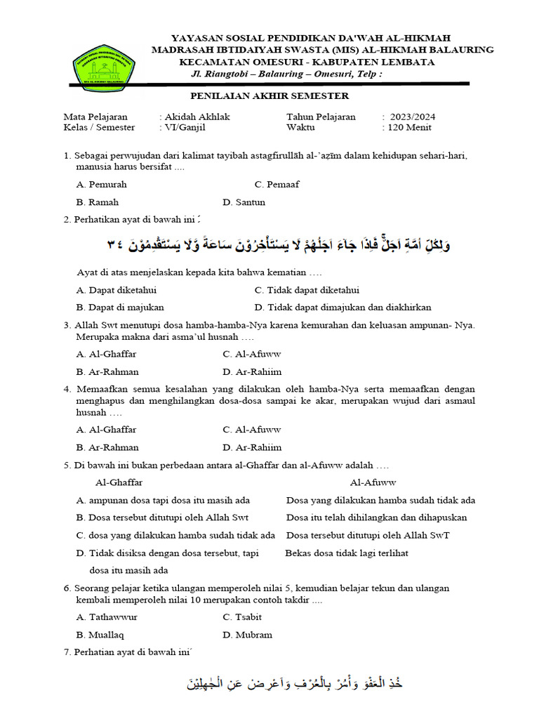 7 Rahasia Latihan Soal Akidah Akhlak Kelas 4 Semester 1 Agar Anak Makin Cerdas Belajar