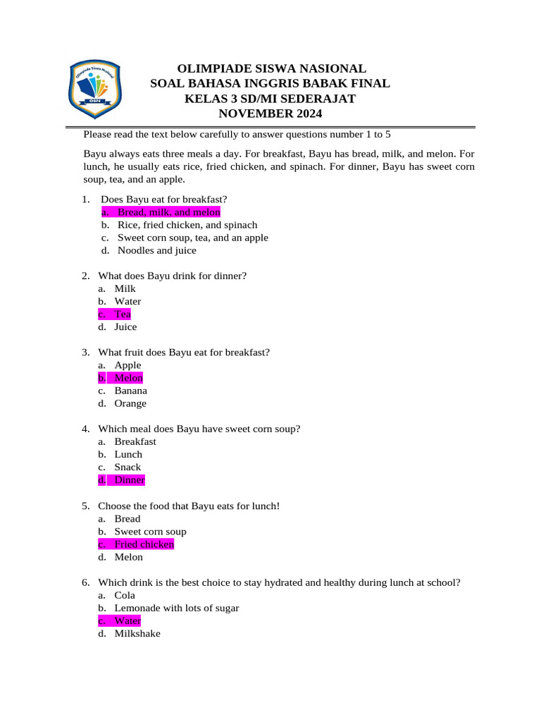 Soal OSN Bahasa Inggris Kelas 3 SD PDF Lunch Meal