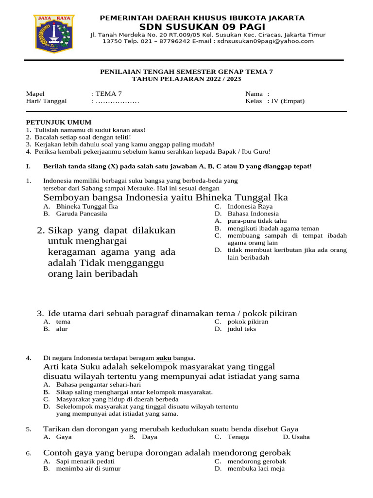 Terbukti Mudah! Kunci Jawaban IPS Kelas 7, Download Soal PTS Kelas 4 Semester 2 Tema 7