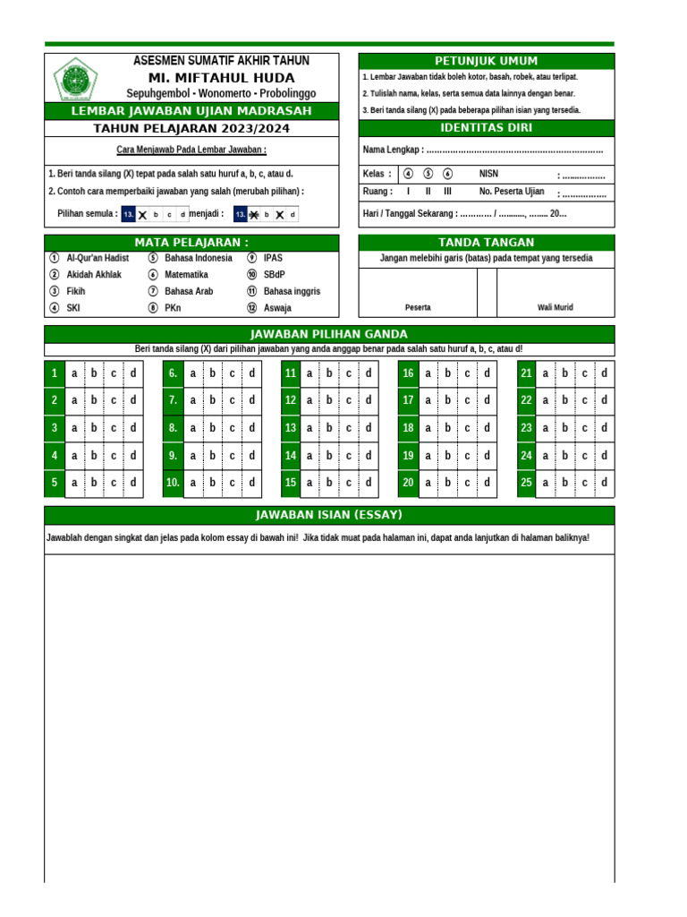 Contoh Lembar Jawaban Ujian PDF