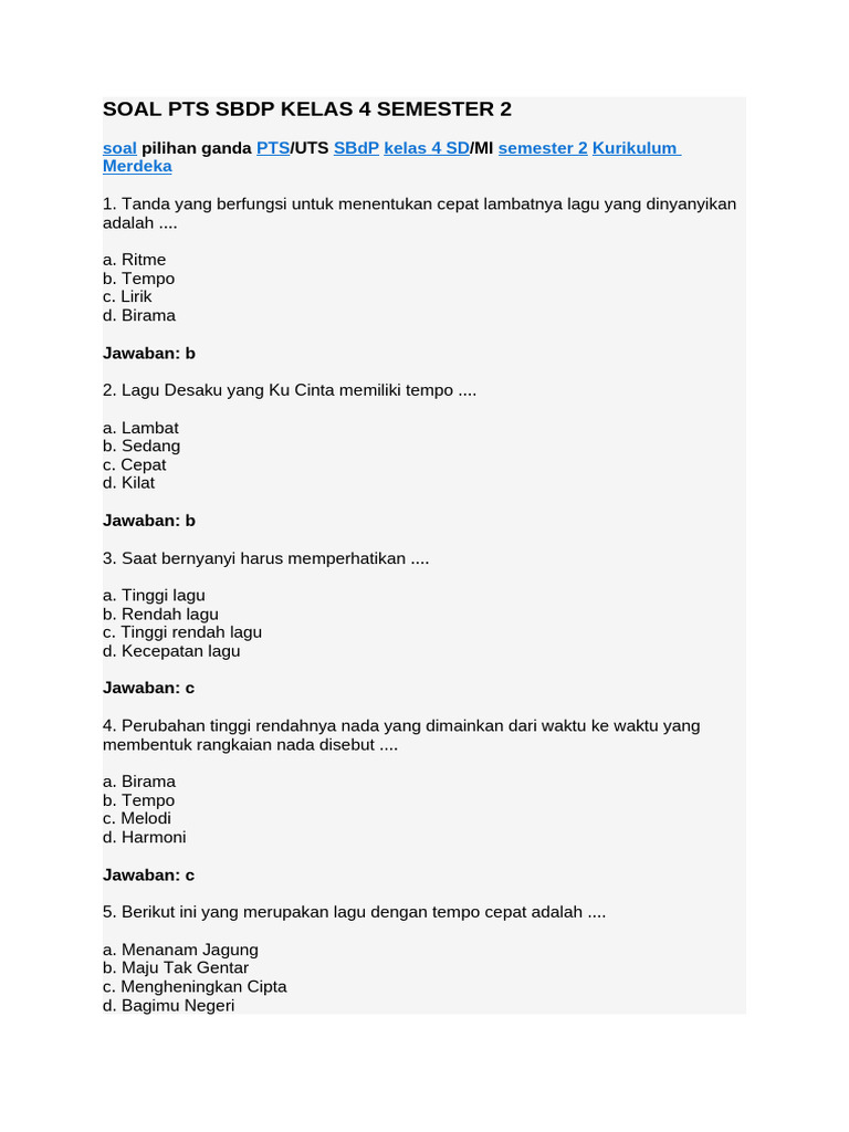 Akhirnya Tersedia 2026 Download Soal PTS SBdP Kelas 4 Semester Genap Revisi 2018 Paling Lengkap
