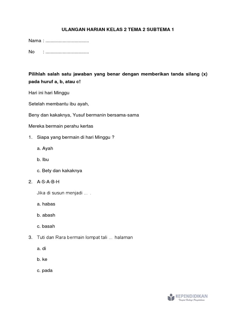 Download Gratis pdf soal ulangan tematik kelas 2 tema 2 subtema 1 Terbaru Tahun Ini