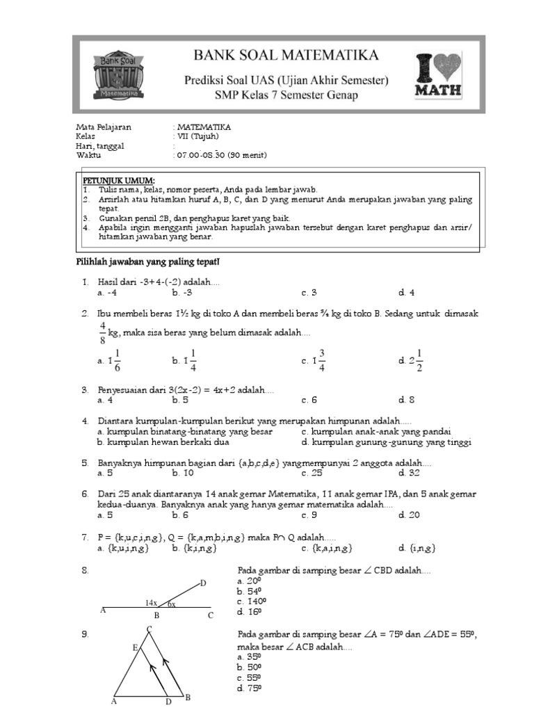 Rahasia Skor Sempurna Pelajaran Matematika Kelas 7 Semester 2 Contoh Soal Terbaru