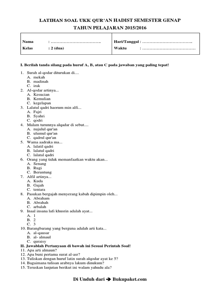 Siap Ujian! Download pdf soal ukk qurdist mi kelas 2 klik soal Terbaru dan Terlengkap