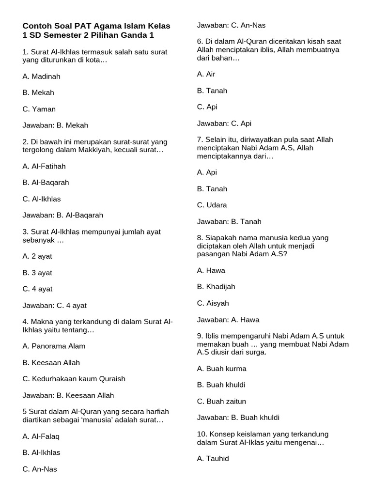 Ternyata Ini Rahasia Jawaban Soal Agama Kelas 1 Semester 2 Tahun 2019 yang Benar