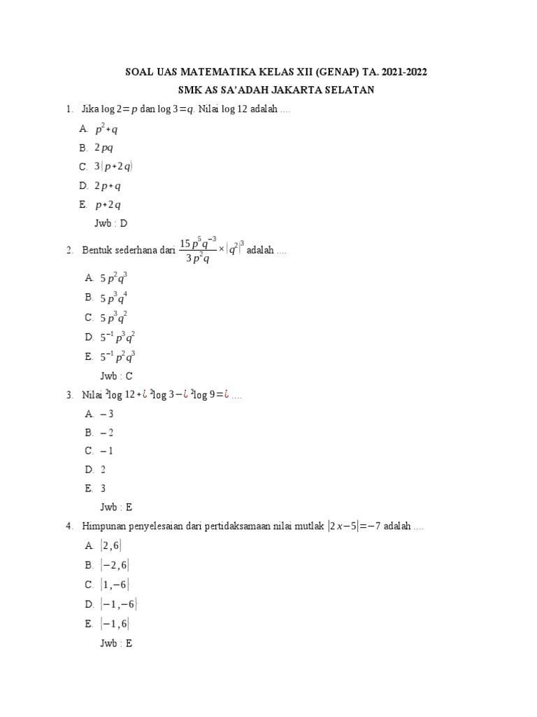 Wajib Tahu! Link Download pdf soal uas matematika smk kelas xii semester 2 Terbaru