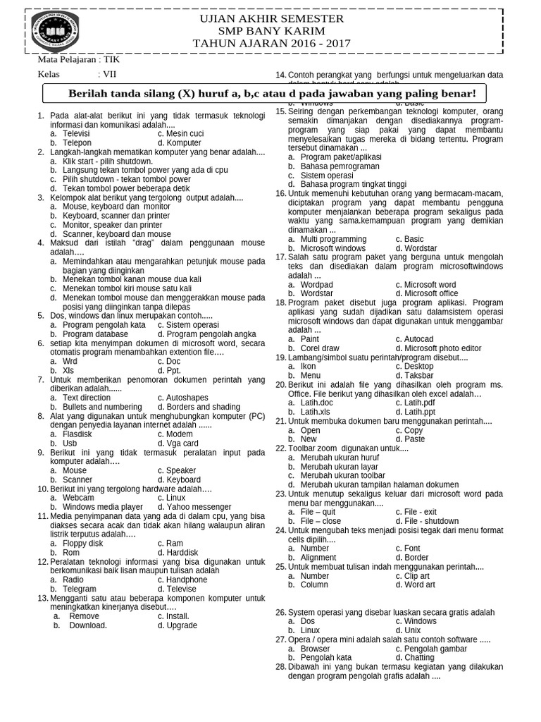 Wajib Tahu! Link Download pdf soal uas ukk tik kelas 7 semester 2 Terbaru